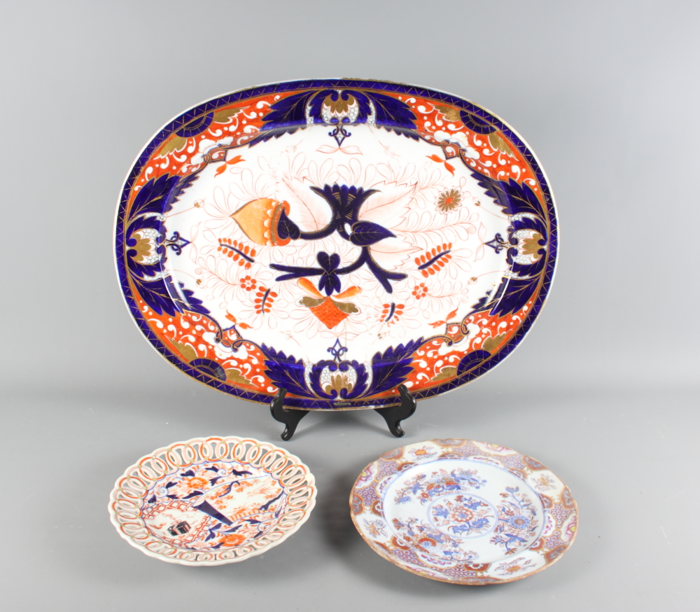 A Chamberlains Worcester Imari pattern oval meat dish (repaired) and two Oriental porcelain