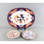 A Chamberlains Worcester Imari pattern oval meat dish (repaired) and two Oriental porcelain