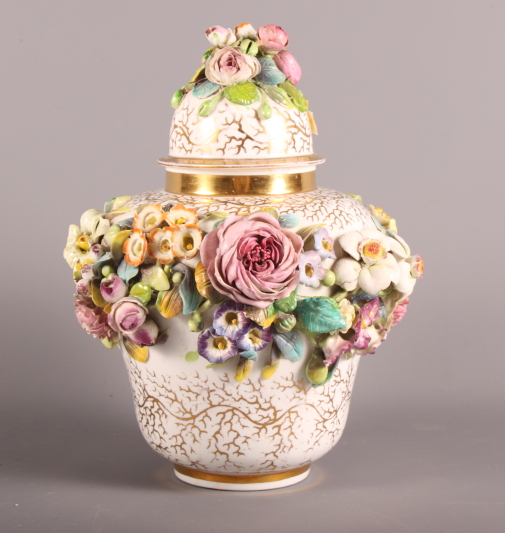 A 19th Century porcelain Stevenson Sharp (Derby) flower encrusted lidded jar with gilt decoration, - Image 2 of 4