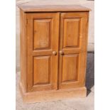 A pine cupboard enclosed two twin plain panelled doors, 29" wide