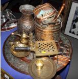 A 19th Century brass clip-on kettle stand, a Middle Eastern copper jug and other assorted brass