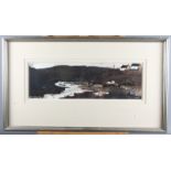 •John Knapp Fisher 1988: watercolour and bodycolours, "Solva Harbour", 5" x 15", in silvered frame