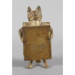 An Austrian cold painted bronze figure formed as a fox holding sandwich boards, 2 3/4" high
