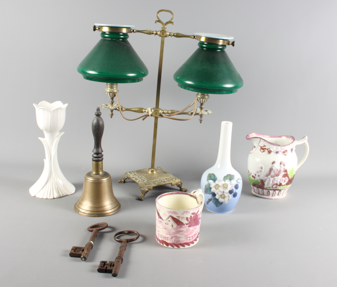 A brass double table lamp with green glass shades, a Sunderland lustre jug and mug, a Royal