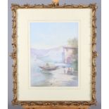 Charles Rowbotham: watercolours, Mediterranean coastal scene with figures and small boat, 11" x