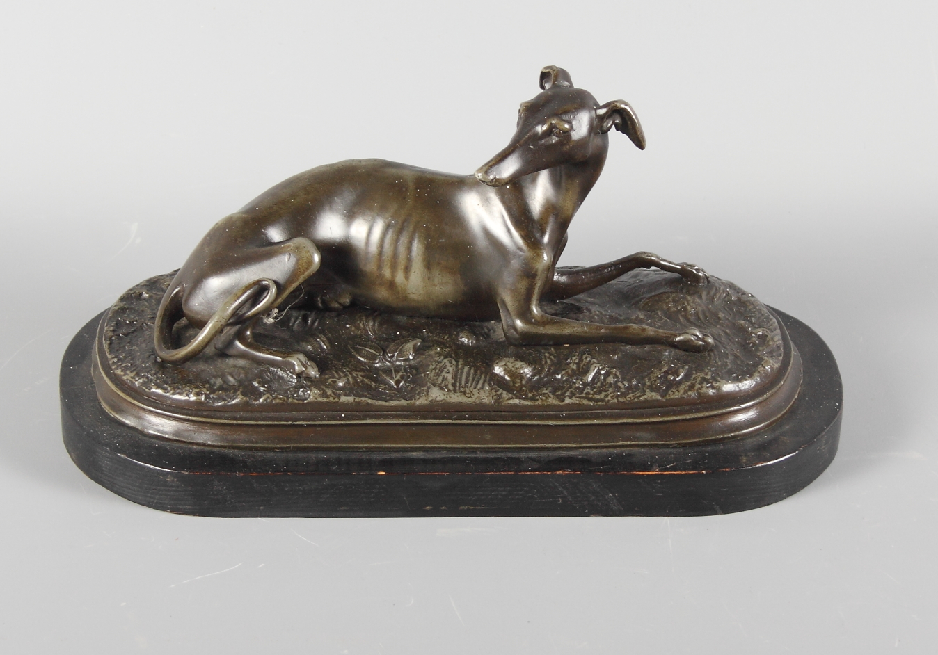 An unsigned bronze sculpture of a dog lying on its back, on green marble base, 5 1/2" x 3", and a - Image 3 of 3