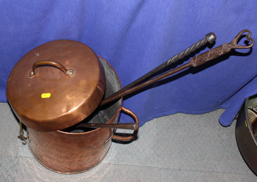 A 19th Century cylindrical copper pan and assorted metal fire implements - Image 2 of 2