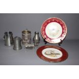 A 19th Century pewter blancmange mould, an electrotype tankard, a pewter tankard, a pewter