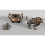 A Chinese bronze censer with lion handles, 6" dia, a Chinese bronze lion and an Indian bronze deity