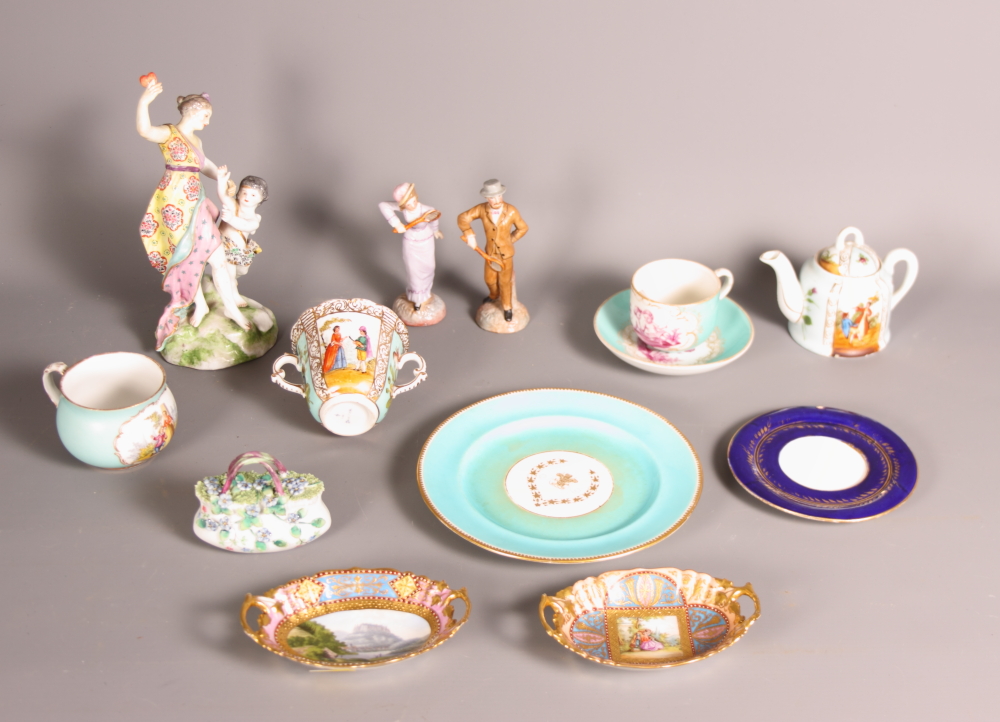 A 19th Century Meissen pale blue and pink cup and saucer, Vienna bonbon dishes, German bisque tennis