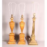 A 19th Century brass Corinthian column table lamp (now converted to electricity), and a pair of