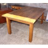 A pine dining table, on square supports, 72" x 42"
