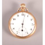 A gold cased open faced pocket watch with white enamel dial and subsidiary seconds dial