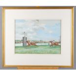 John Beer: watercolours and gouache, a pair of racecourse studies, "Duke of York Stakes - Kempton