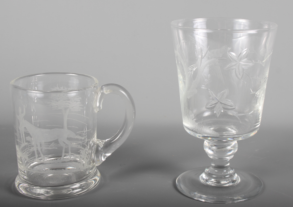 A 20th Century Webb glass footed vase engraved bird in flight, 6 1/2" high, and an etched glass - Image 3 of 4
