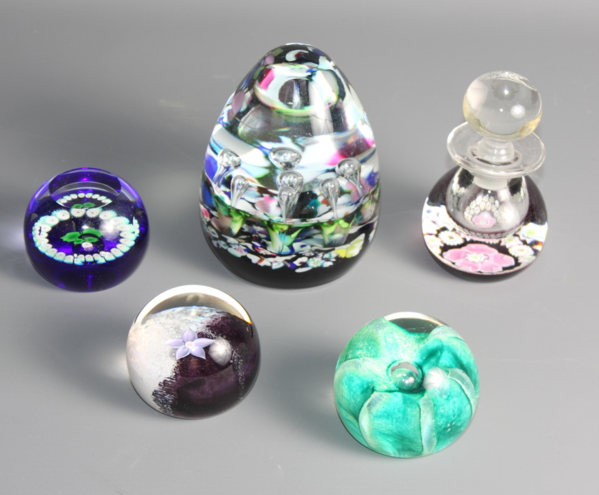 Three Caithness paperweights, "Harlequin", "Miniature Scots Thistle", "Seagems", a similar "Rose"