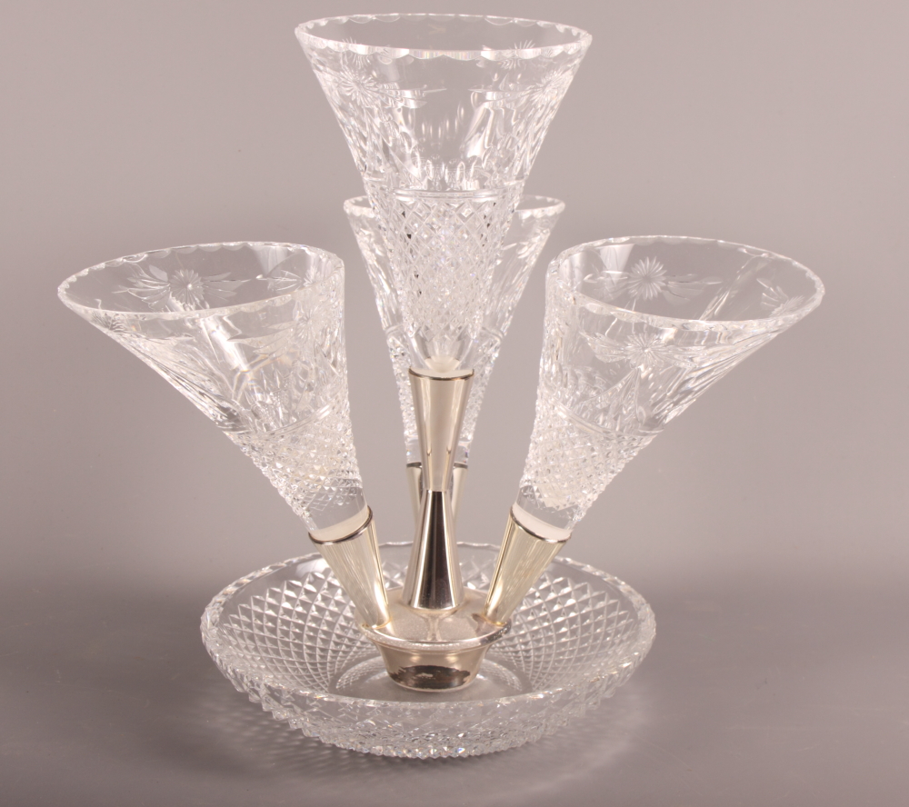 A cut crystal four trumpet epergne with chromed mounts