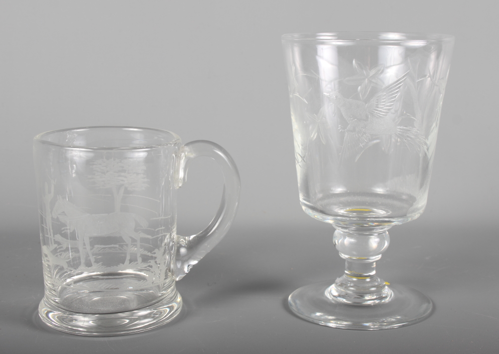 A 20th Century Webb glass footed vase engraved bird in flight, 6 1/2" high, and an etched glass