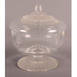 A Lalique glass pedestal bowl and cover with frosted foot and lid, 7 1/2" high, 6" dia