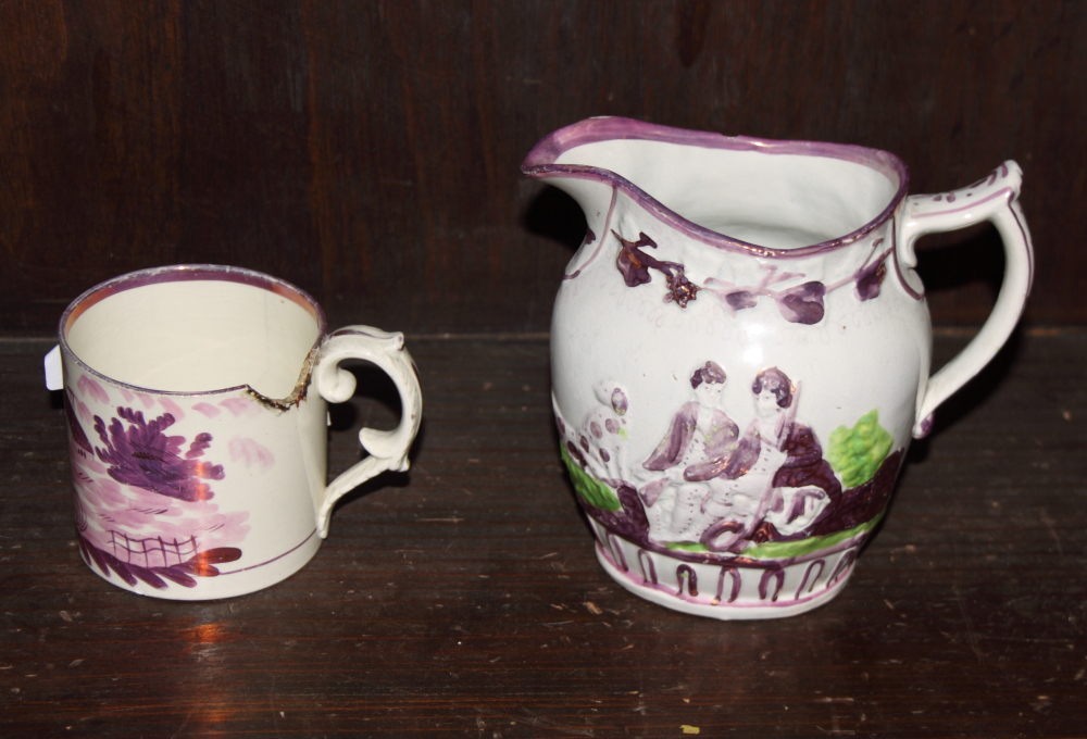 A brass double table lamp with green glass shades, a Sunderland lustre jug and mug, a Royal - Image 3 of 7