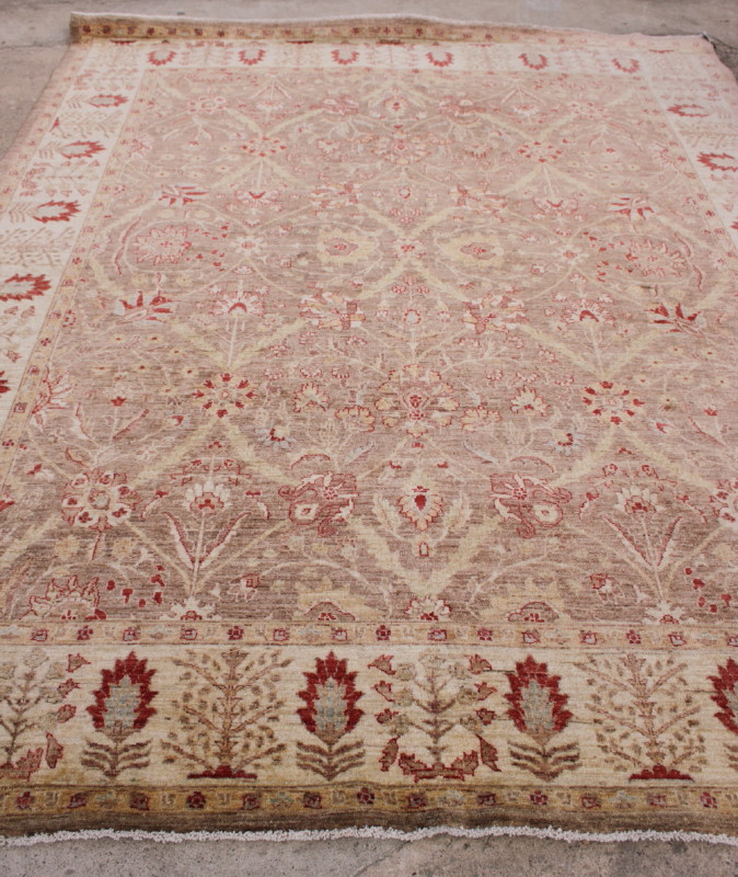 A modern Persian rug with all-over Herati design in shades of brown, cream and red, 96" x 126"