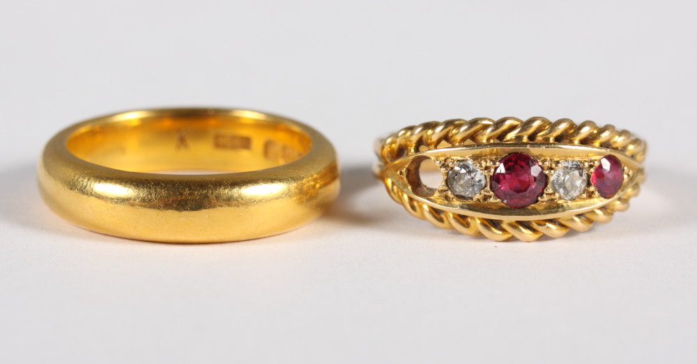 An 18ct gold, diamond and ruby dress ring (one stone missing), 4g approx, and a 22ct gold wedding