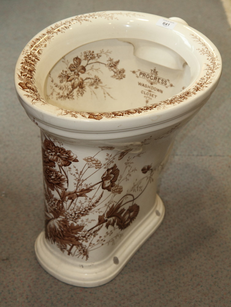 A Victorian brown floral transfer decorated "Progress Wash Down Water Closet"