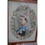 A 19th Century oval portrait of Queen Victoria with facsimile signature within a floral border,