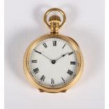 An 18ct gold cased fob watch, white enamel dial with roman numerals