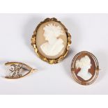 A carved shell cameo brooch in 9ct mount, a similar larger cameo brooch in gilt metal frame, and a