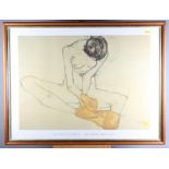 After Egon Schiele: a colour print, seated nude, in mahogany frame, a colour print of a girl in a