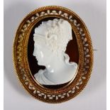 A 19th Century carved hardstone sardonyx cameo brooch classical bust, masked headdress with wings,