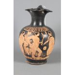 A Greek 4th Century BC pottery bottle decorated Apulian red figures, 6 1/2" high (a/f)