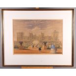 A set of three 19th Century coloured engravings, views of Windsor Castle, 14" x 19" approx, in black