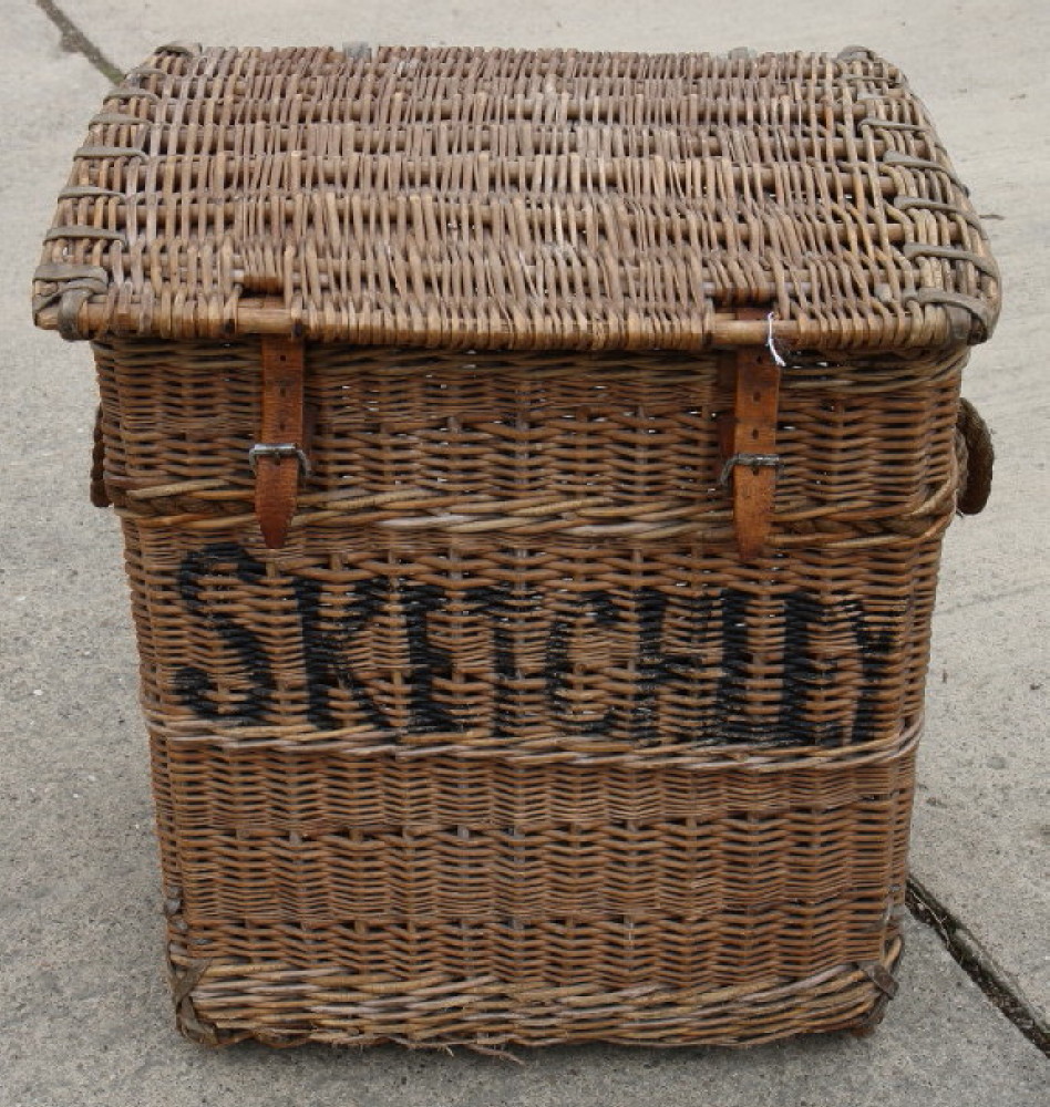 A wicker laundry basket