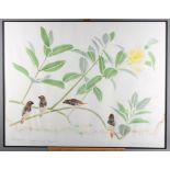 A pair of artist's signed proof prints of Java Sparrows and Spice birds (water marks to lower