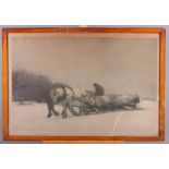 A 20th Century coloured etching, winter landscape with horses hauling logs, 15" x 22", signed, in