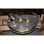 Two silver plated tea trays, a pair of condiment holders and a plated coffee pot and jug