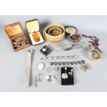 A small selection of costume jewellery, etc, a Chinese white metal scroll weight and a pair of