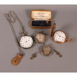 A 15ct gold and diamond stick pin, a rolled gold cased pocket watch and three silver cased pocket
