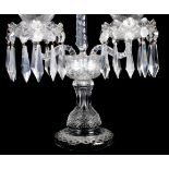 A Waterford glass candelabrum centrepiece with hanging glass prisms, 18 3/4" high