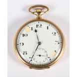 A 9ct gold cased open faced pocket watch, white enamel dial, Roman numerals and subsidiary seconds
