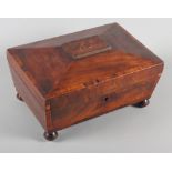 A George IV mahogany and banded sarcophagus work box with part fitted interior, 11 1/2" wide