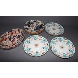 Four 19th Century Minton turquoise ribbon decorated dessert plates, three Imari decorated dishes and