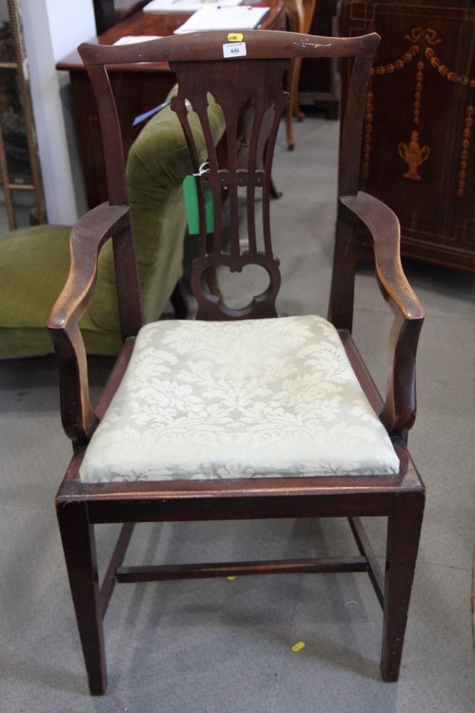 A "country Chippendale" style mahogany carver chair with drop-in seat, upholstered in a green