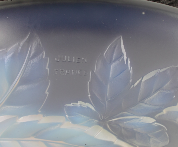An Art Deco Julien France opalescent glass bowl decorated foliate motifs with chrome stand and - Image 5 of 5