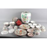 An number of Chinese porcelain floral decorated rice bowls and bases, Canton porcelain plates,