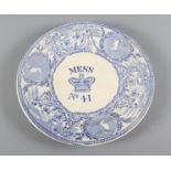 A 19th Century blue and white transfer decorated mess plate, the design incorporating the head of