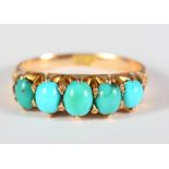 An Edwardian 18ct gold dress ring set five graduated turquoise cabochons, size L