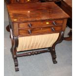 A 19th Century crossbanded mahogany work table, fitted two real and dummy frieze drawers and